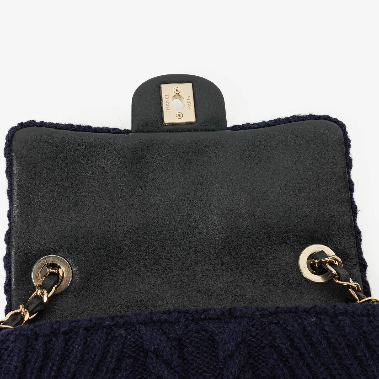 Chanel Small Navy Paris-Hamburg Cable Knit Fabric With Calfskin Flap Bag