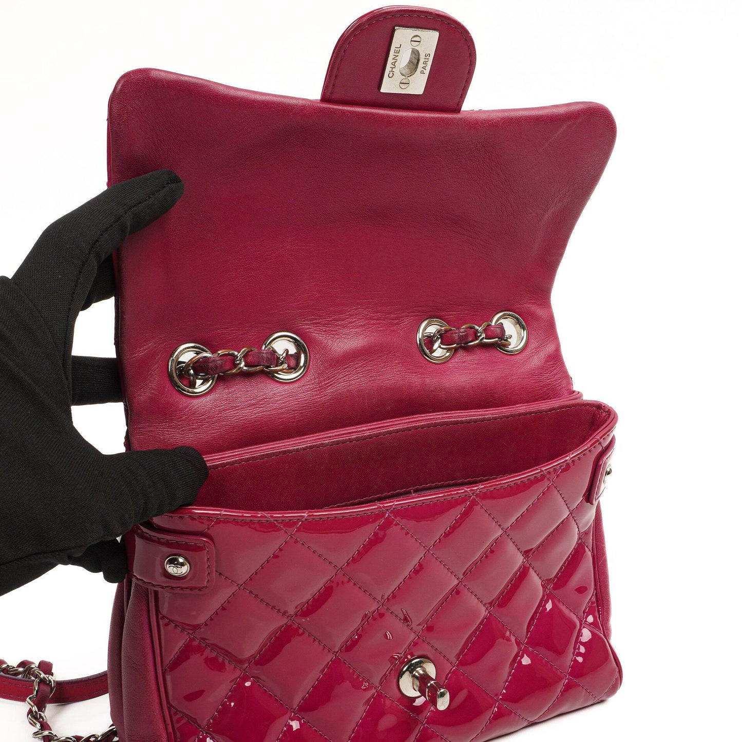 Chanel Small Rock In Rome Single Flap Bag Quilted Patent Leather Silver-Tone Hardware