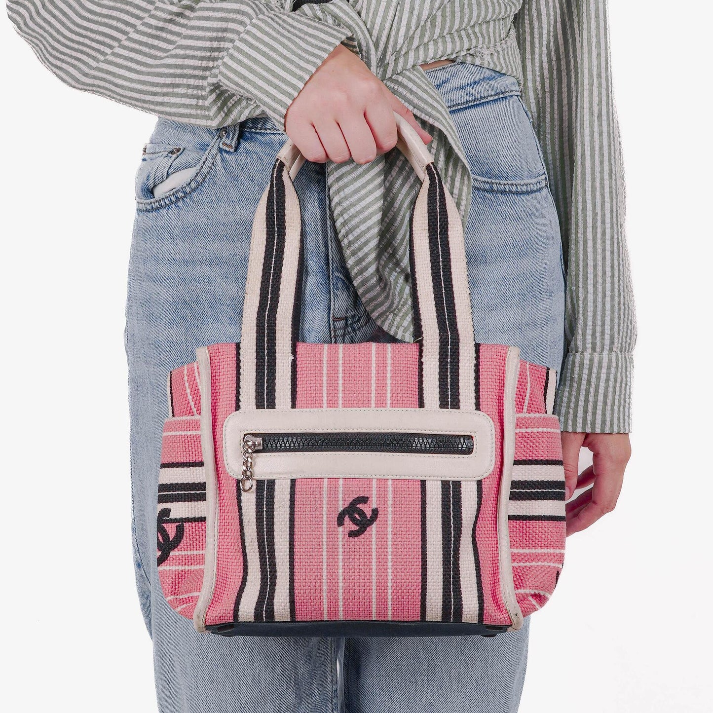 Chanel Small Striped CC Canvas Pink White Black Tote Bag