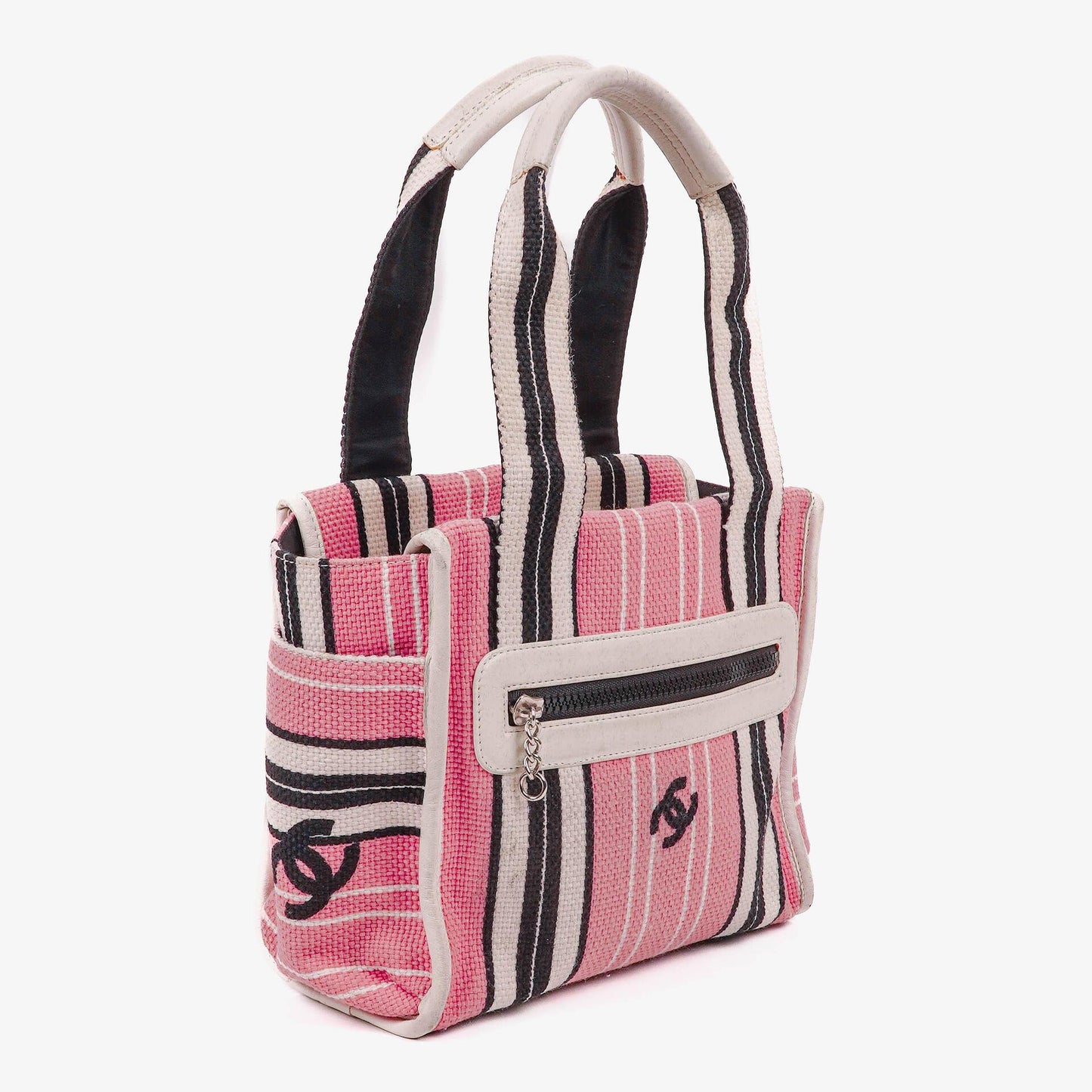 Chanel Small Striped CC Canvas Pink White Black Tote Bag