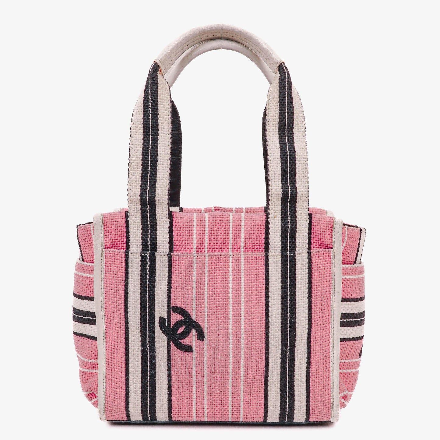 Chanel Small Striped CC Canvas Pink White Black Tote Bag