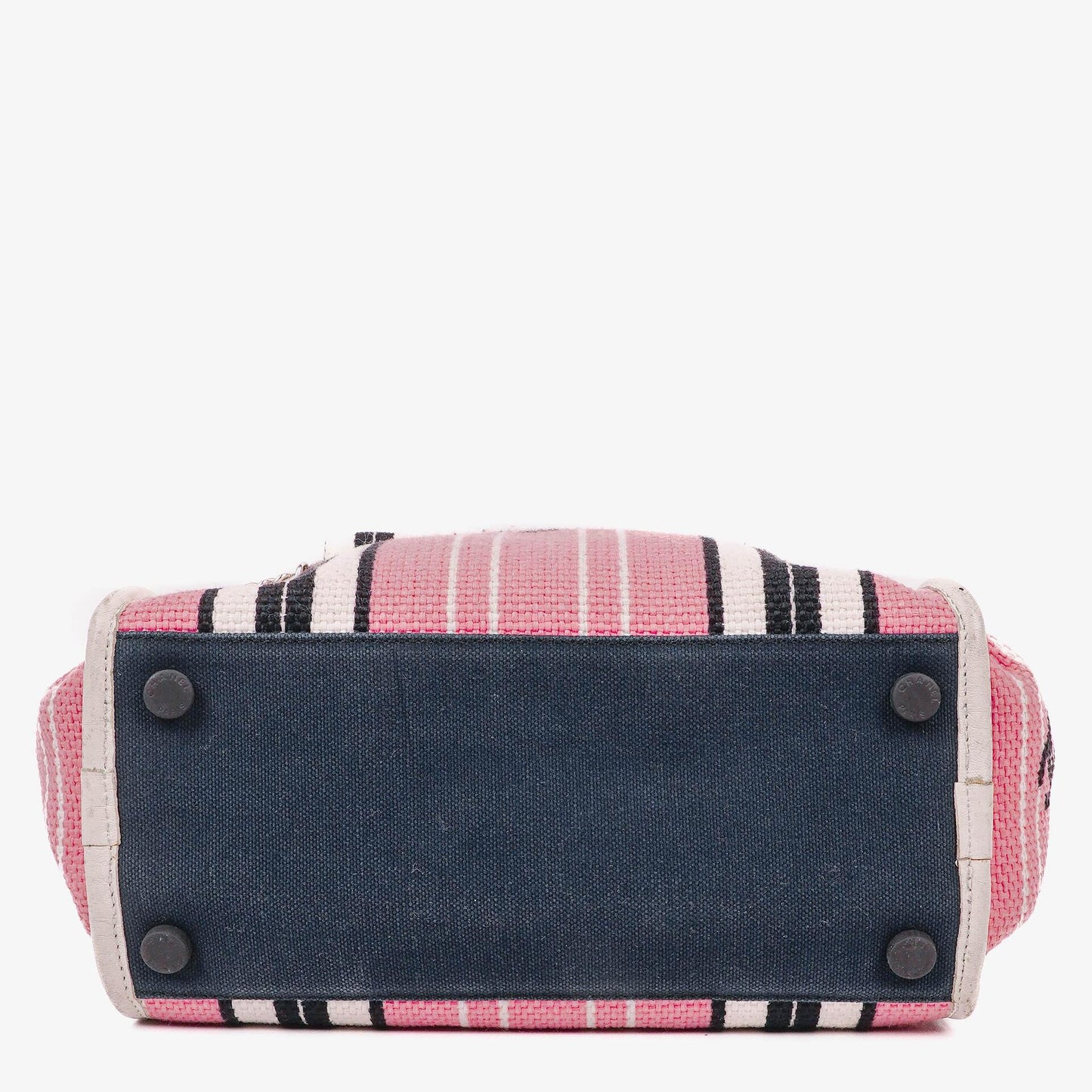 Chanel Small Striped CC Canvas Pink White Black Tote Bag