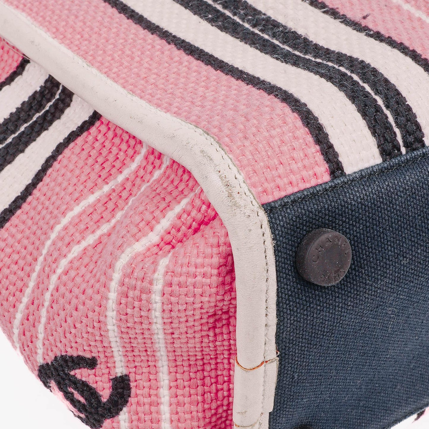 Chanel Small Striped CC Canvas Pink White Black Tote Bag