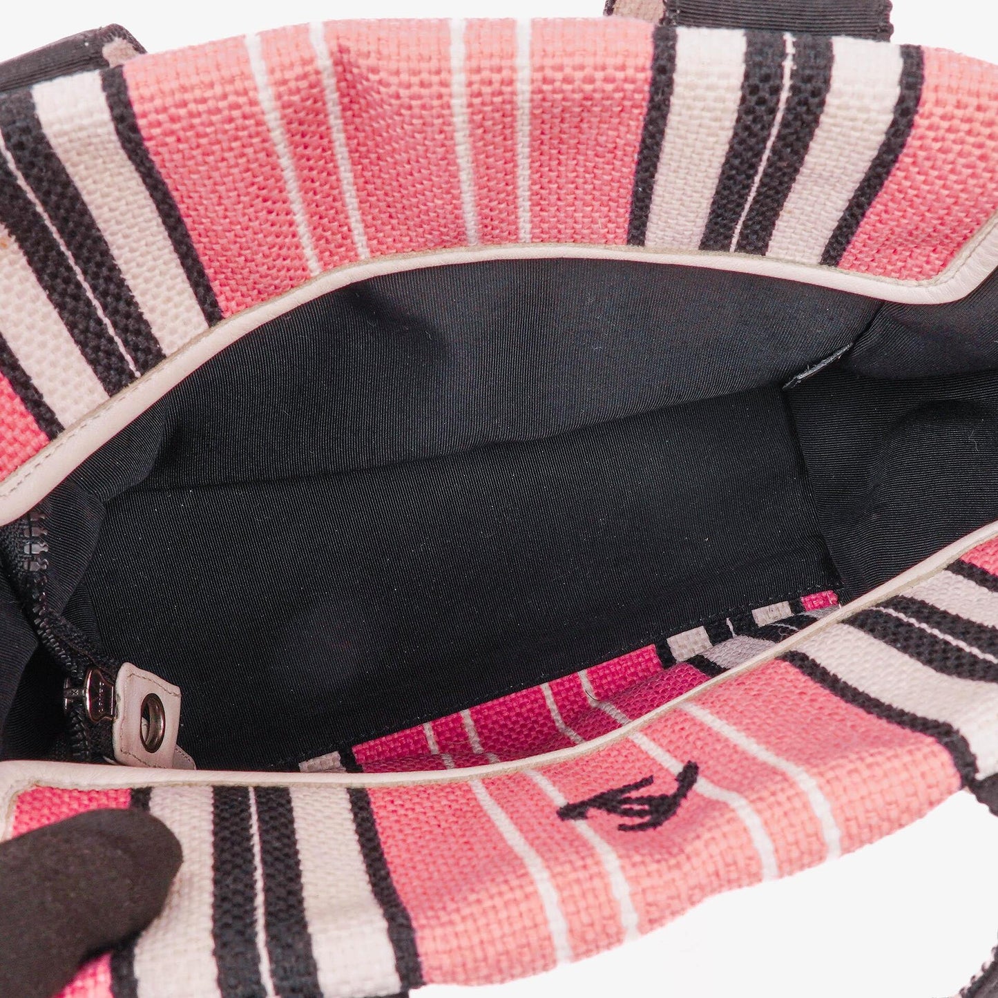 Chanel Small Striped CC Canvas Pink White Black Tote Bag