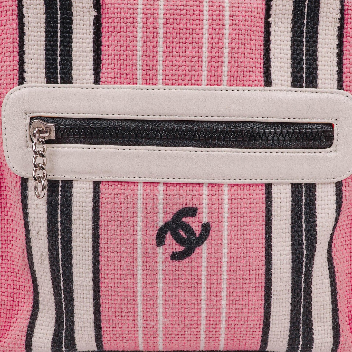 Chanel Small Striped CC Canvas Pink White Black Tote Bag