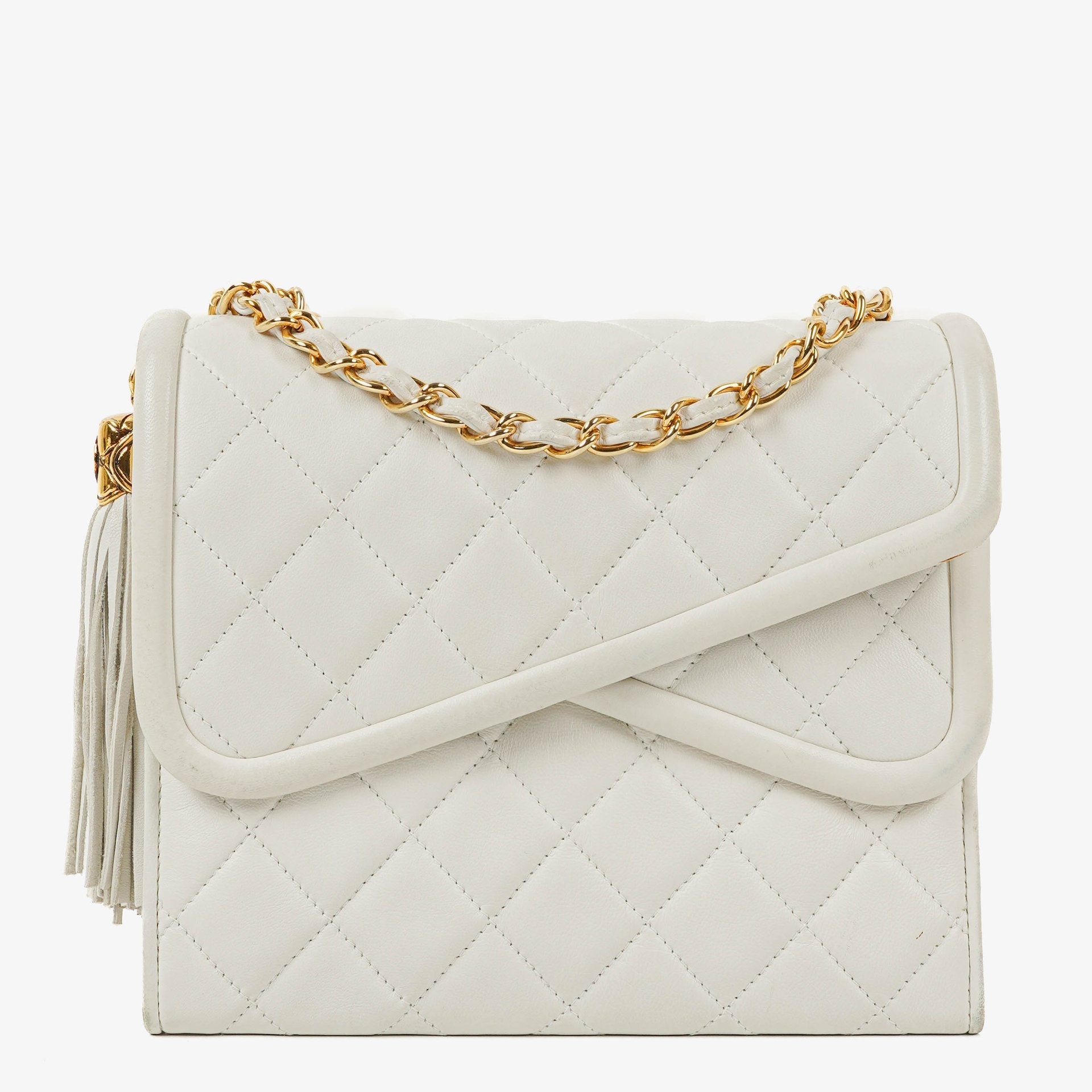 Chanel Small Tassel Flap Bag White Quilted Lambskin Bag