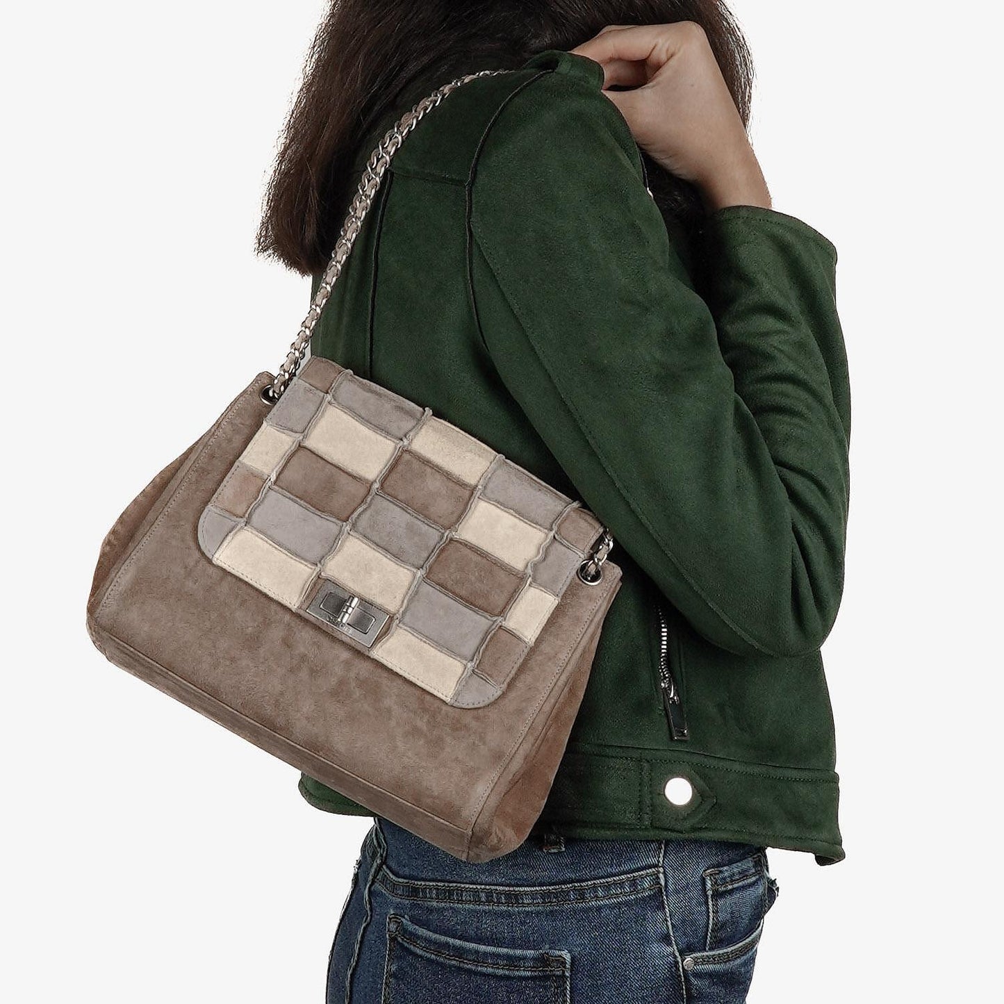 Chanel Beige Suede Patchwork Accordion Mademoiselle Flap