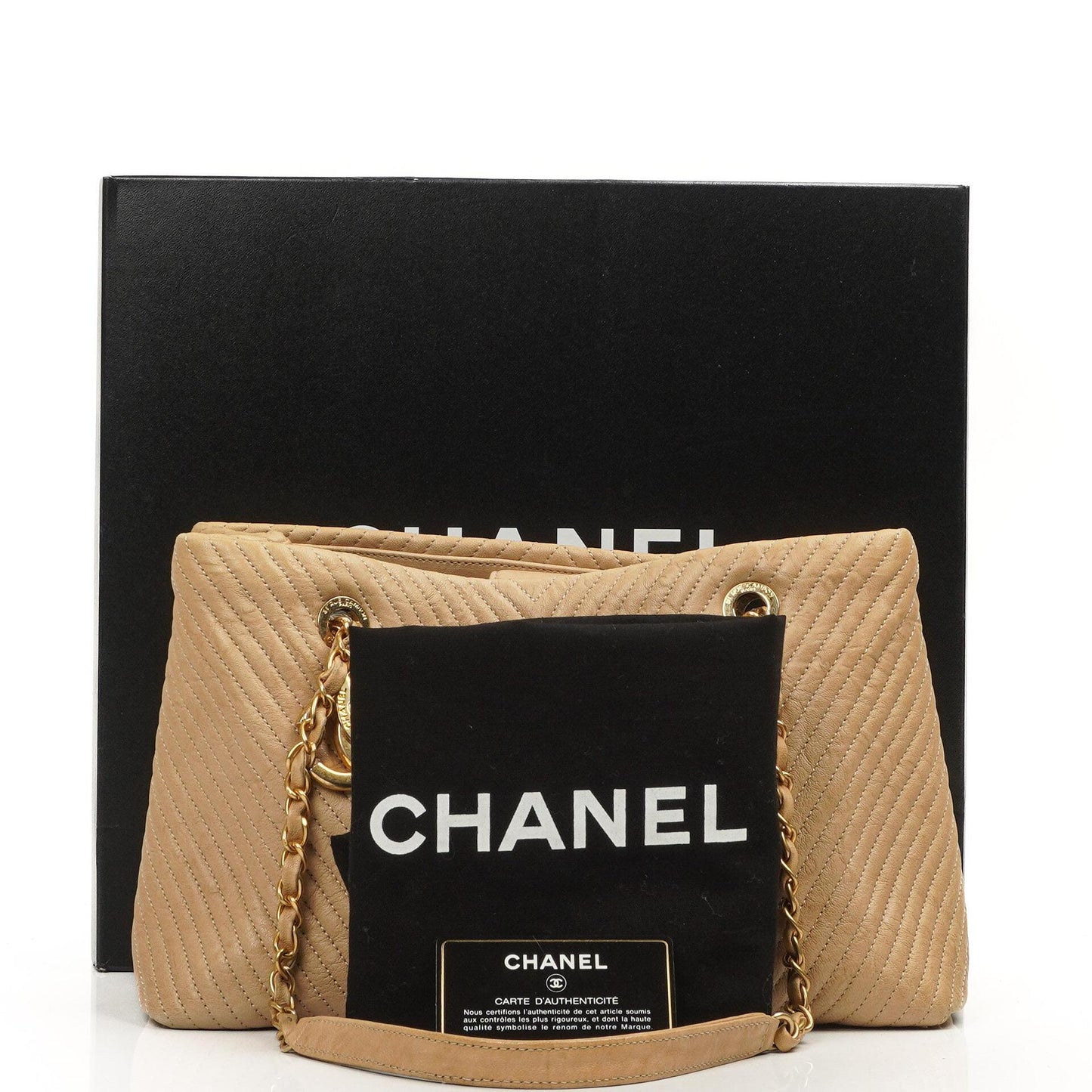 Chanel Surpique Tote Beige Chevron Quilted Calfskin Gold-Tone Hardware
