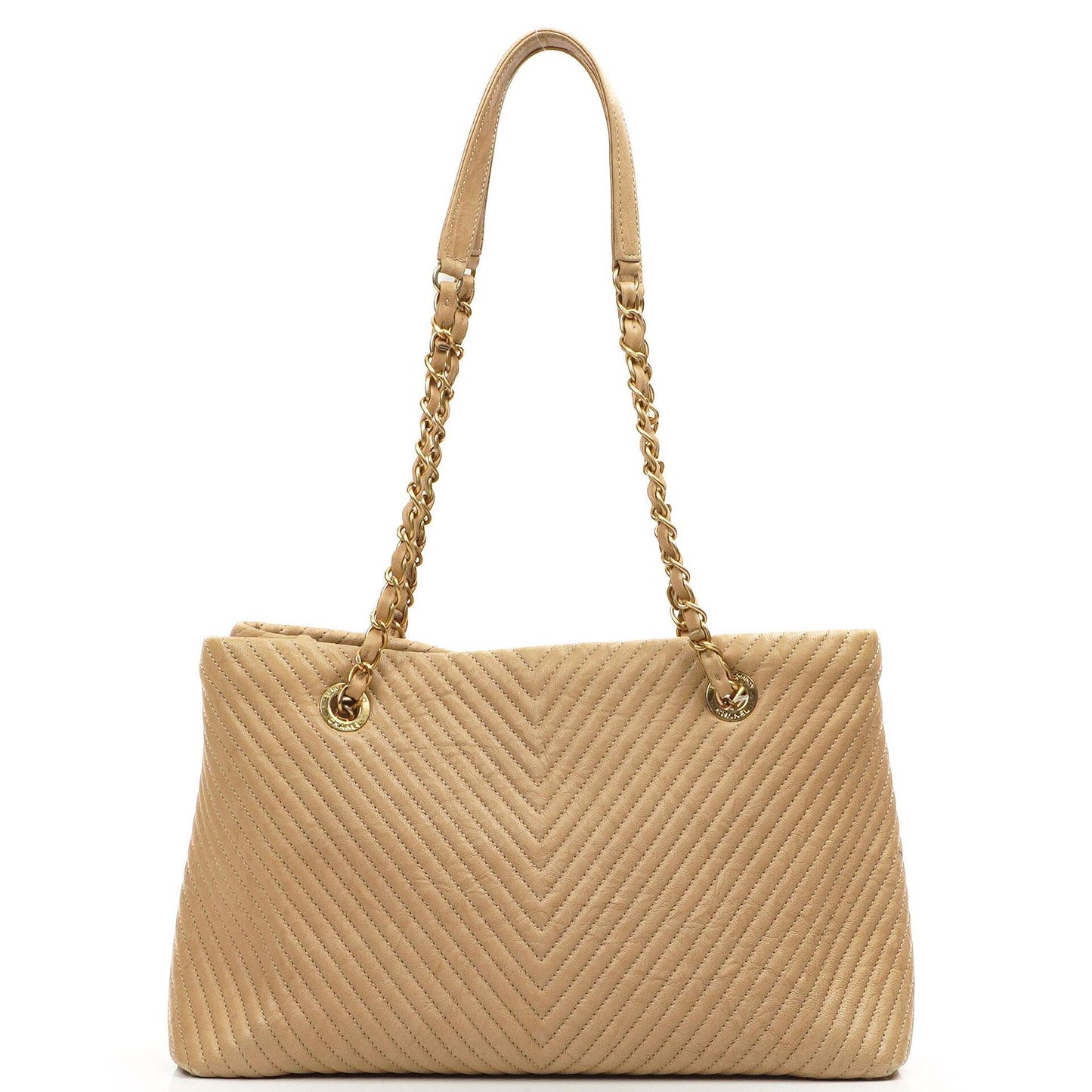 Chanel Surpique Tote Beige Chevron Quilted Calfskin Gold-Tone Hardware