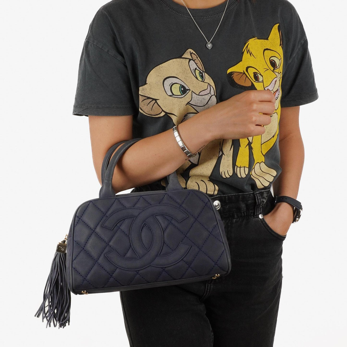 Chanel Timeless CC Medium Bowling Bag Navy Blue Quilted Caviar Gold Hardware 2004-2005