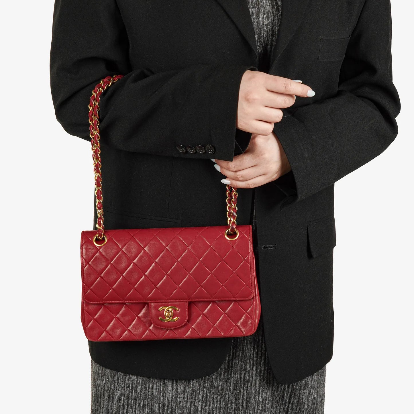 Chanel Timeless Classic Double Flap Bag Red Quilted Lambskin 24K Gold-Plated Hardware