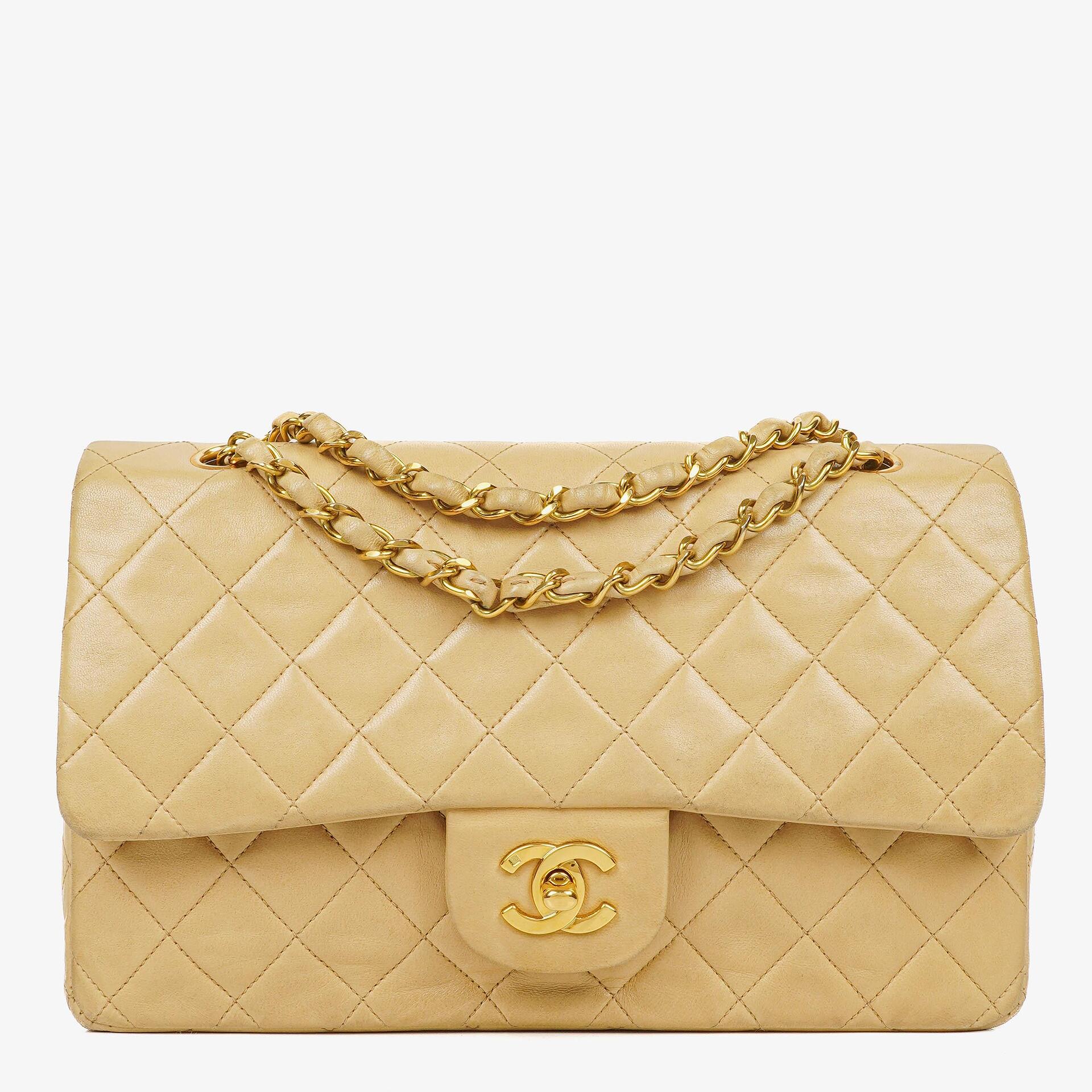 Chanel Timeless Classic Medium Double Flap Bag In Beige Quilted Lambskin And 24K Gold-Plated Hardware