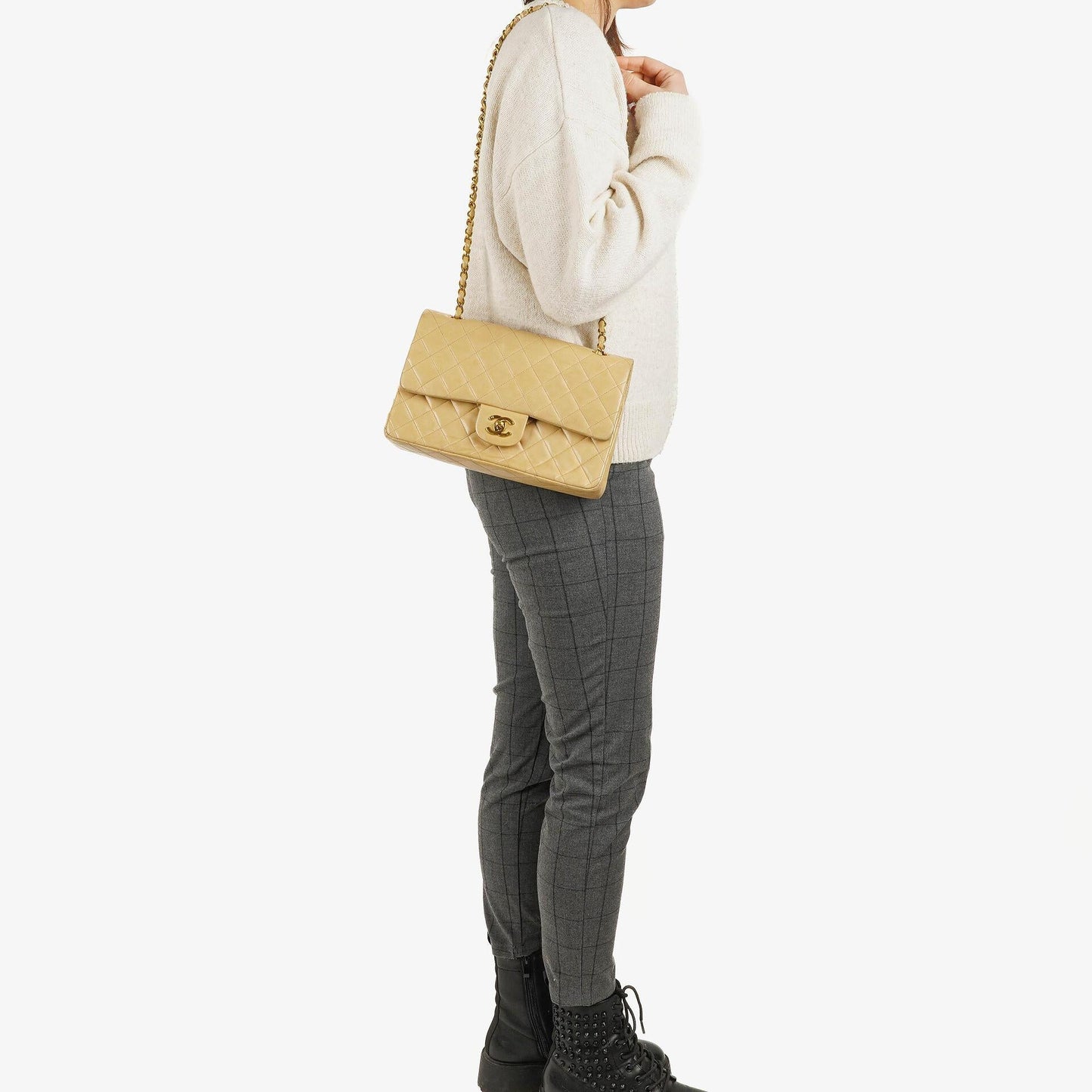 Chanel Timeless Classic Medium Double Flap Bag In Beige Quilted Lambskin And 24K Gold-Plated Hardware