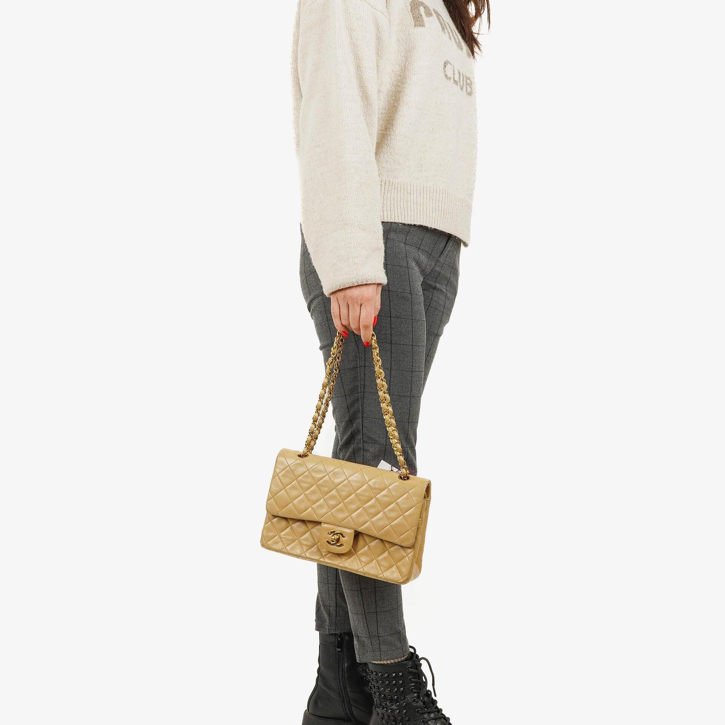 Chanel Timeless Classic Medium Double Flap Bag In Beige Quilted Lambskin And 24K Gold-Plated Hardware