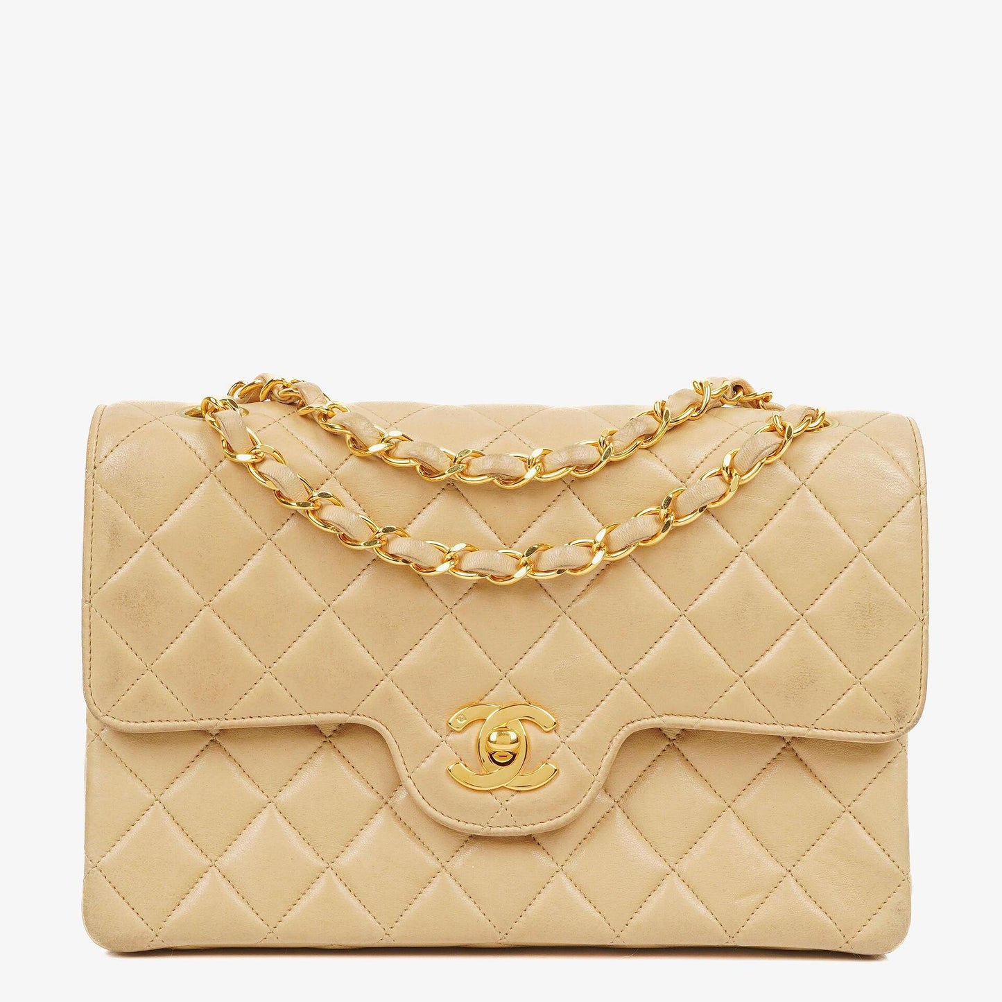 Chanel Timeless Classic Small Double Flap Bag In Beige Quilted Lambskin And 24K Gold-Plated Hardware
