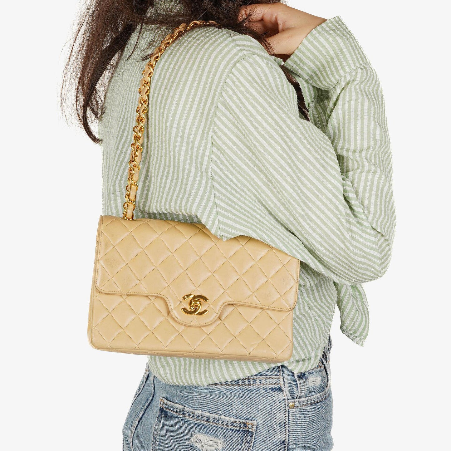 Chanel Timeless Classic Small Double Flap Bag In Beige Quilted Lambskin And 24K Gold-Plated Hardware