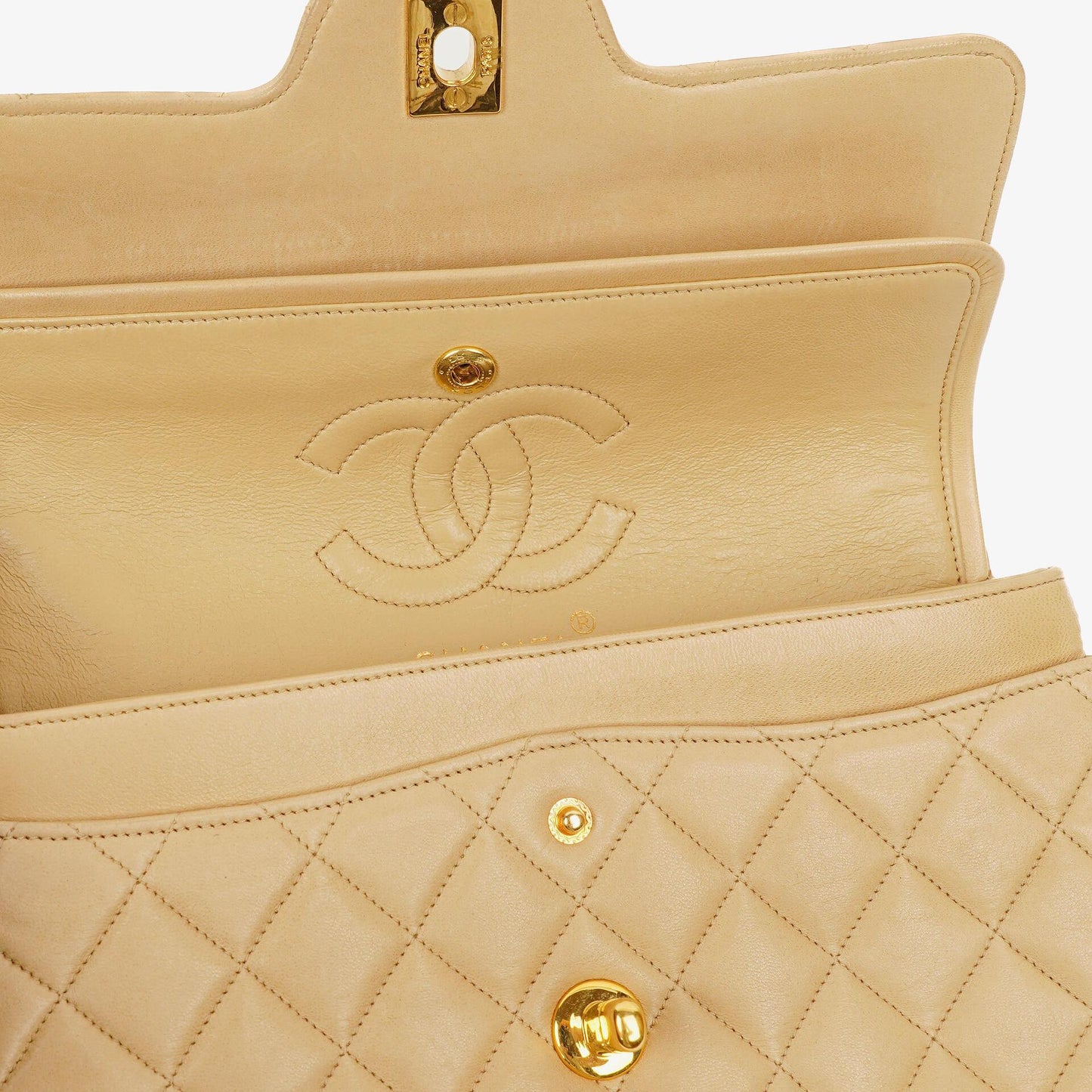 Chanel Timeless Classic Small Double Flap Bag In Beige Quilted Lambskin And 24K Gold-Plated Hardware