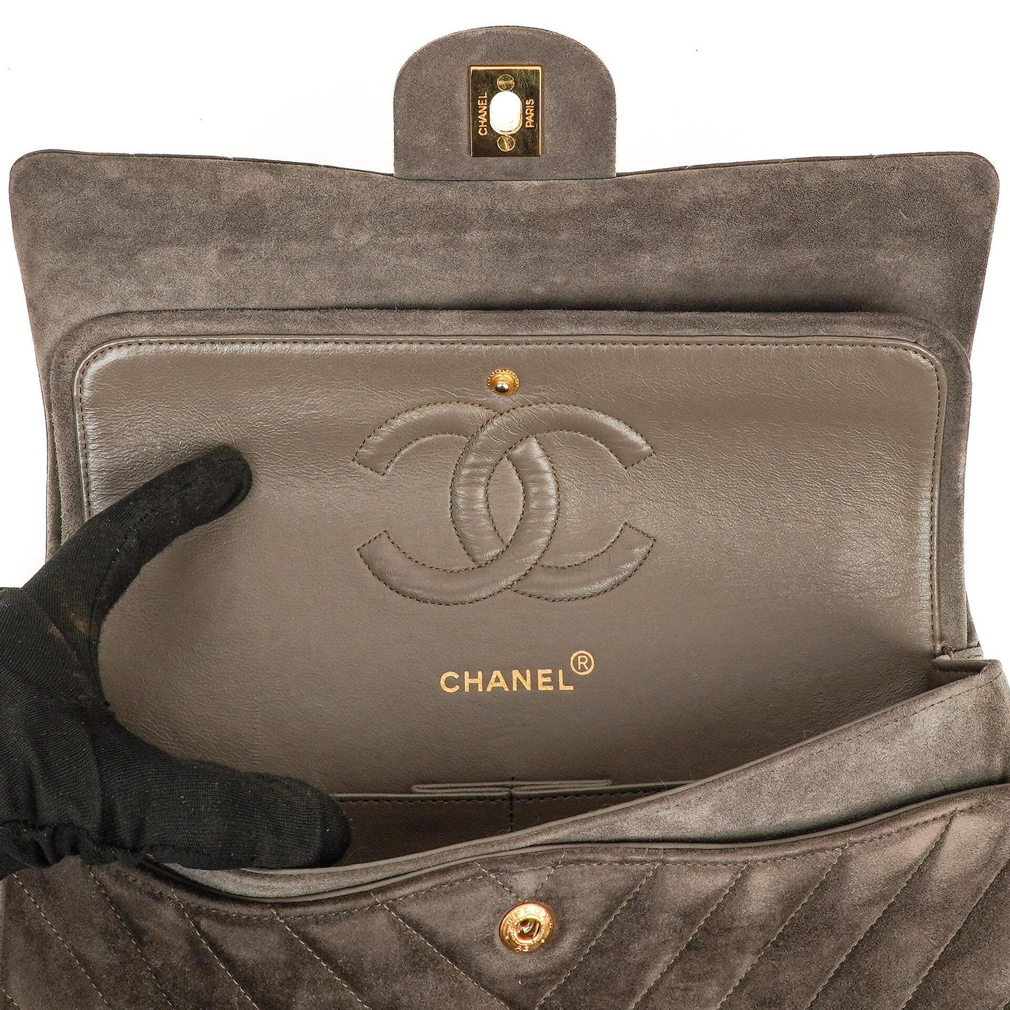 Chanel Timeless Classic Suede Chevron Medium Double Flap Bag With 24K Gold-Plated Hardware