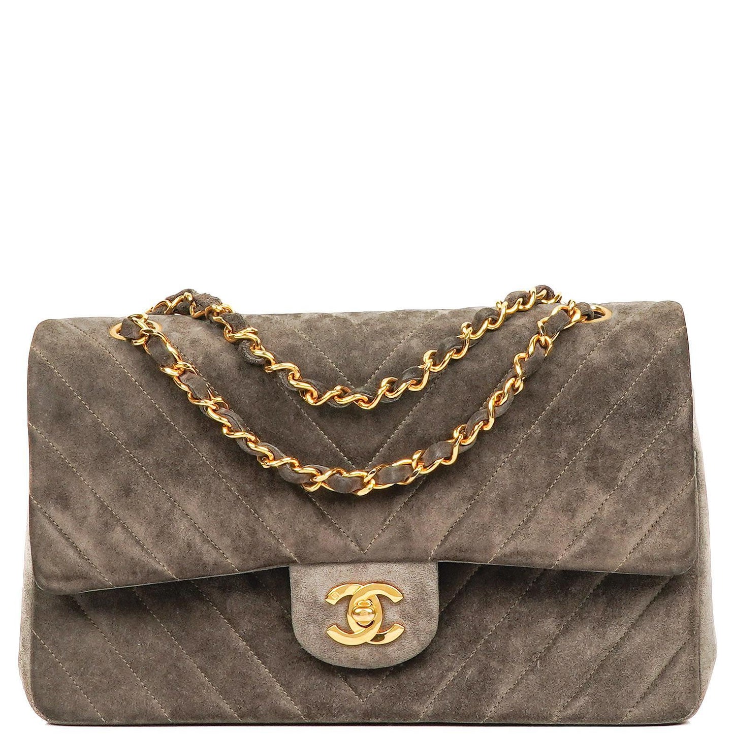 Chanel Timeless Classic Suede Chevron Medium Double Flap Bag With 24K Gold-Plated Hardware