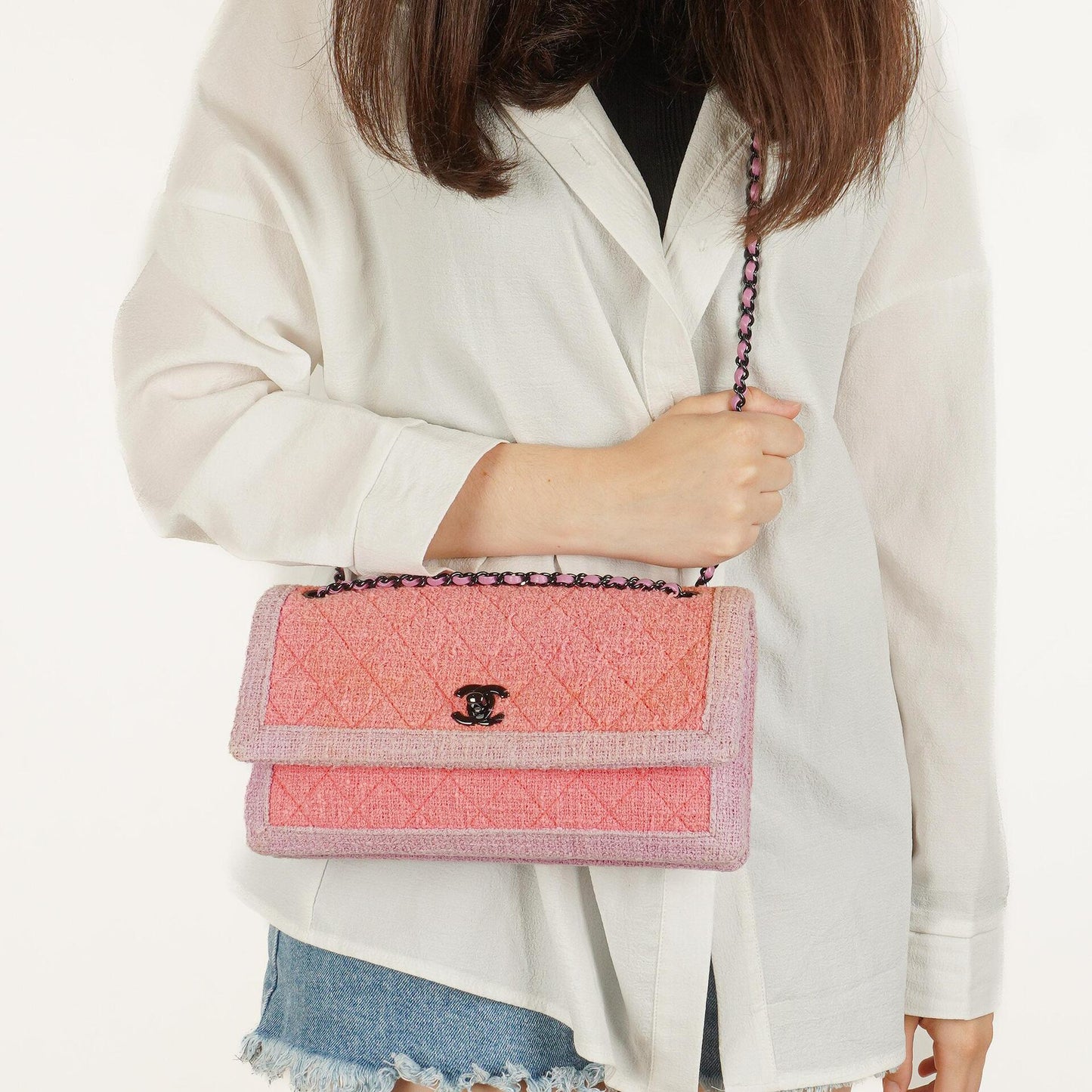 Chanel Tweed Medium Two-Toned Pink Shoulder Flap Bag