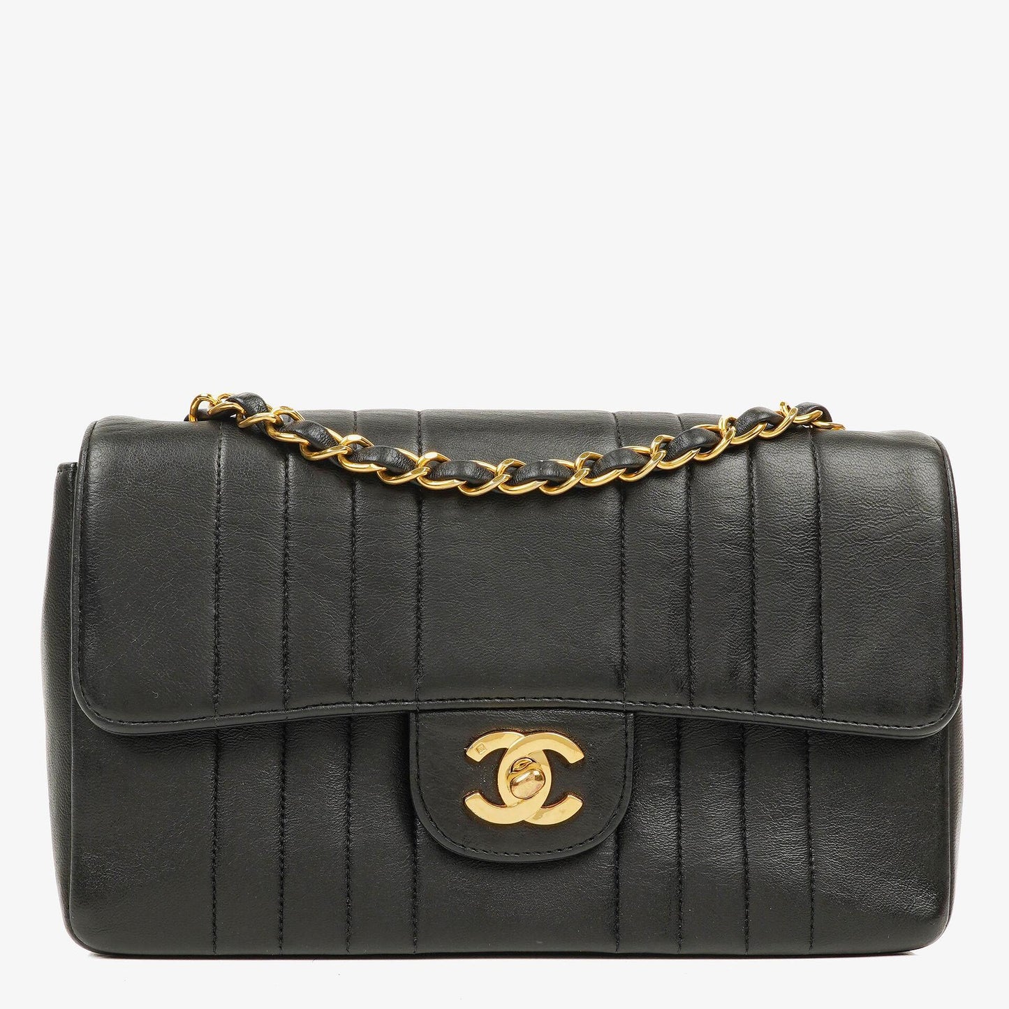 Chanel Vertical Black Quilted Lamabskin Medium Flap Bag 24K Gold-Plated Hardware