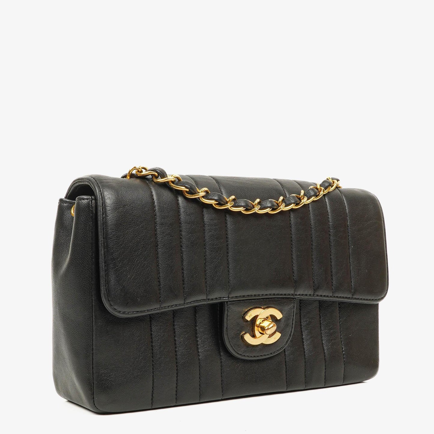 Chanel Vertical Black Quilted Lamabskin Medium Flap Bag 24K Gold-Plated Hardware