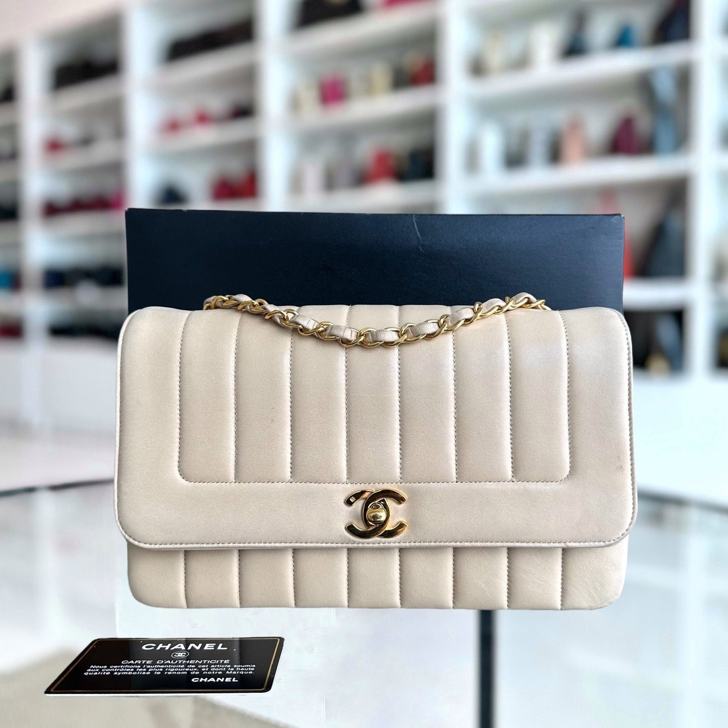 Chanel Vintage Mademoiselle Vertical - Quilted Flap Lambskin Beige GHW No 2