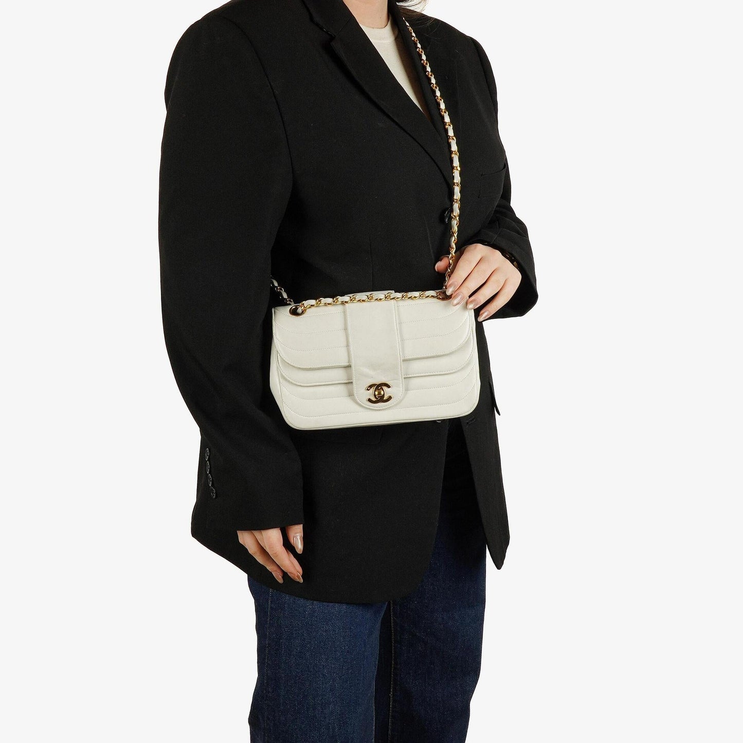 Chanel White Horizontal Quilted Small Double Flap Bag With 24K Gold-Plated Hardware
