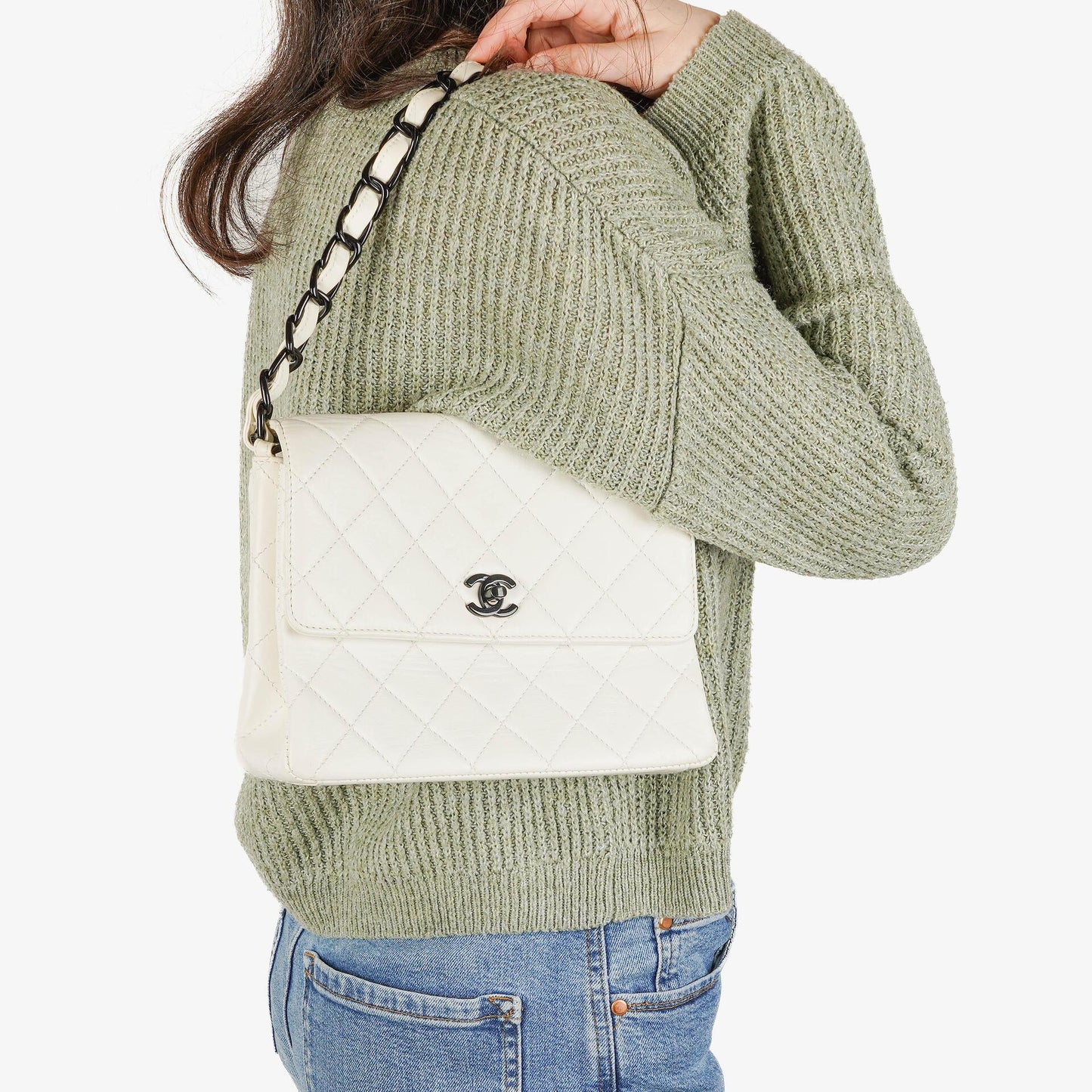 Chanel White Quilted Lambskin Plastic Hardware Shouder Bag