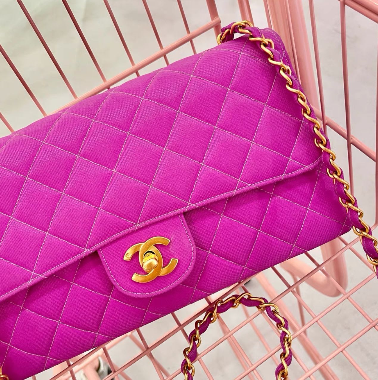 Chanel rose satin Gold hardware
