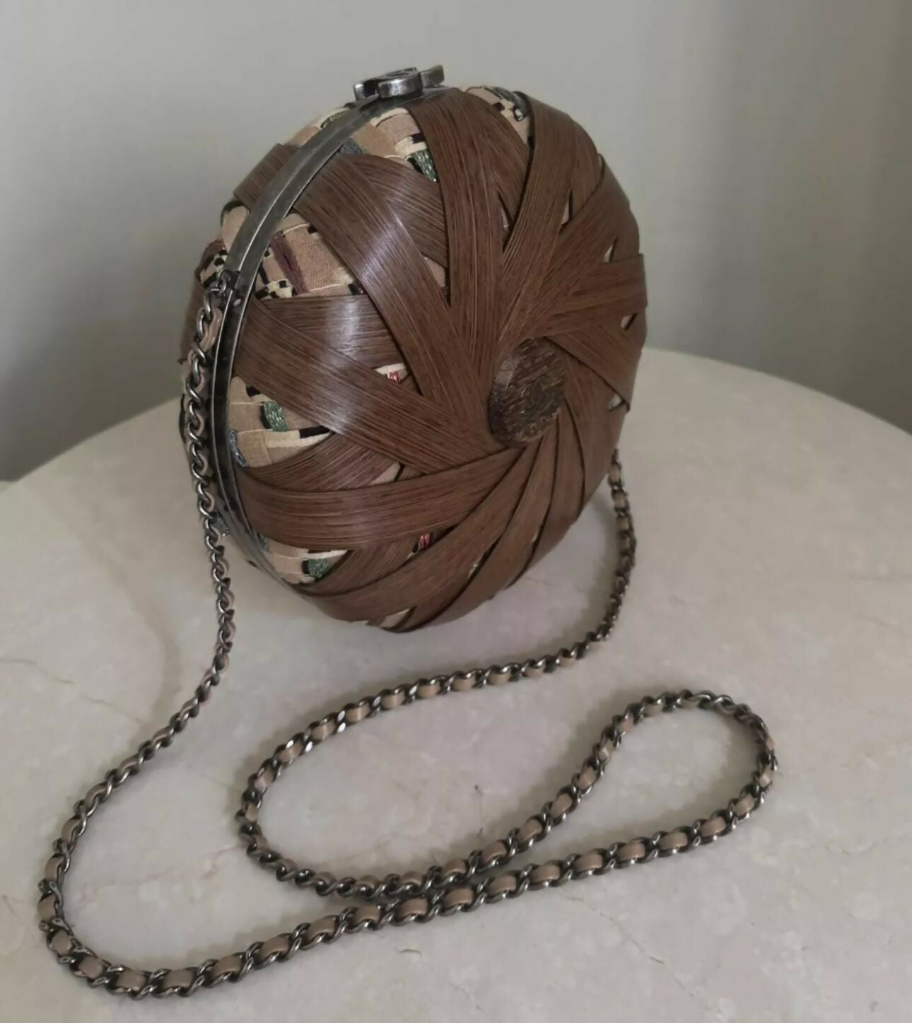 Chanel Havana By Night Round Woven Wood and Tweed Minaudière