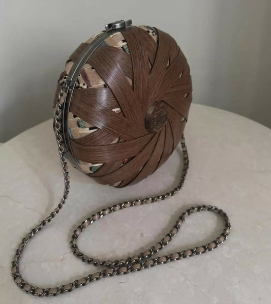Chanel Havana By Night Round Woven Wood and Tweed Minaudière