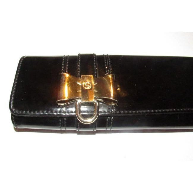 Gucci W Accent Black Patent Leathergold Bow Clutch