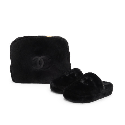 Chanel Black Shearling CC Travel Slippers & Pouch Clutch