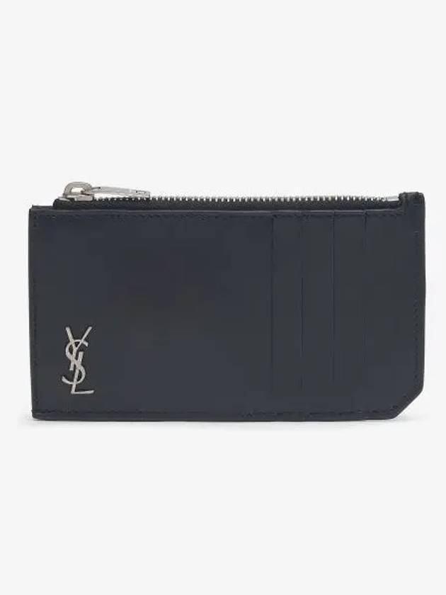 Luxury Saint Laurent Trending 2025 Tiny Cassandre Fragments Silver Hardware Leather Zipper Card Wallet Black