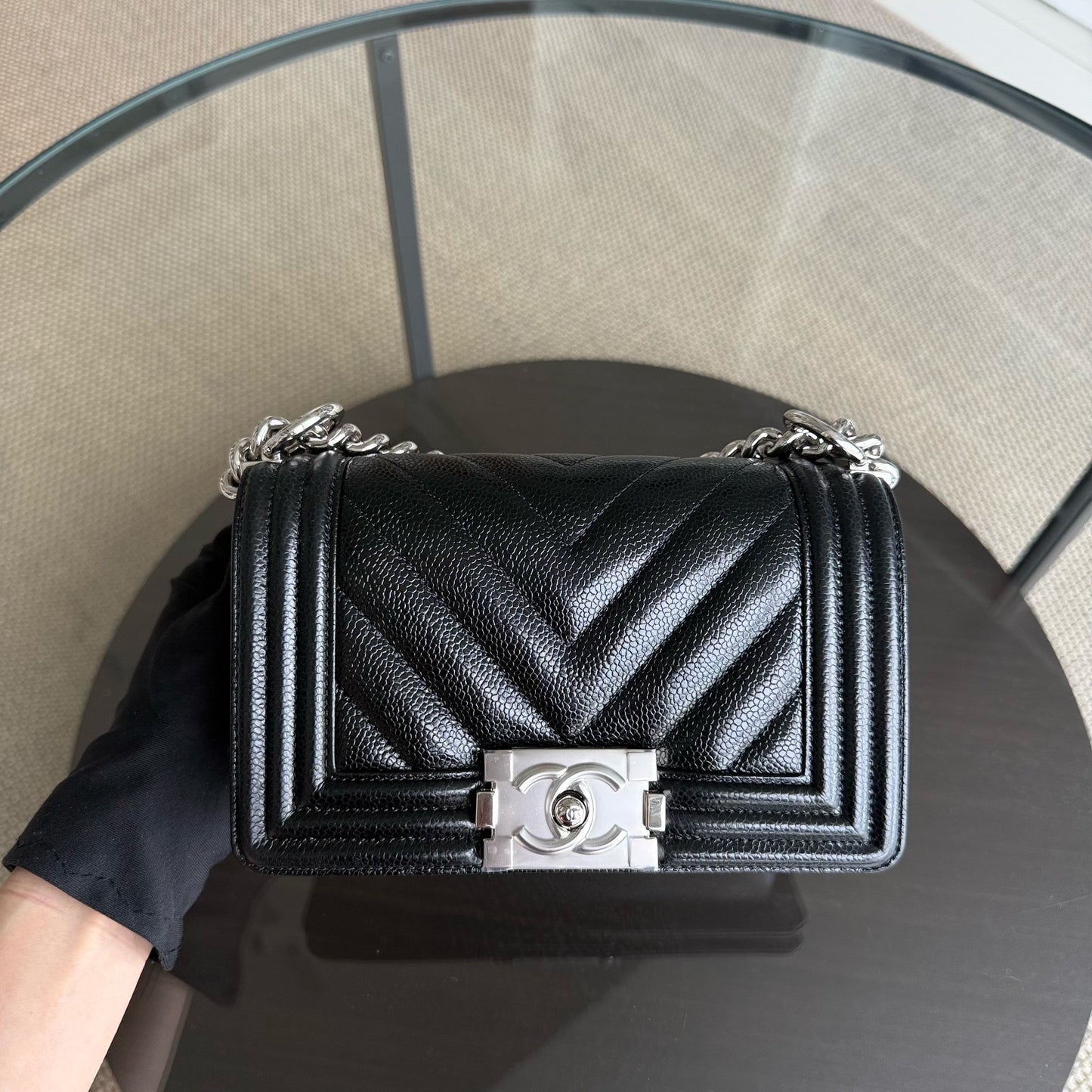 Chanel Boy Small - Caviar 20CM Chevron Black Silver Hardware Series 26