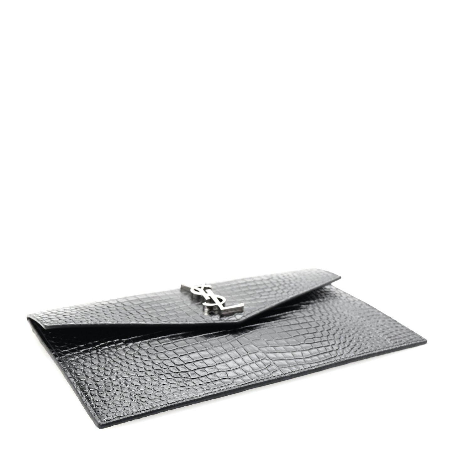 Saint Laurent Calfskin Crocodile Embossed Uptown Monogram Clutch Black