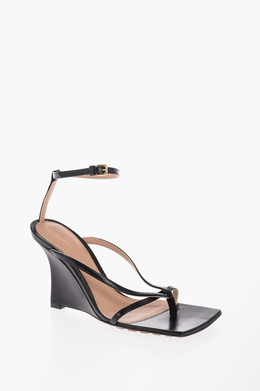 Luxury Bottega Veneta Leather Ankle Strap Sandals With Wedge And Square Toe 10Cm
