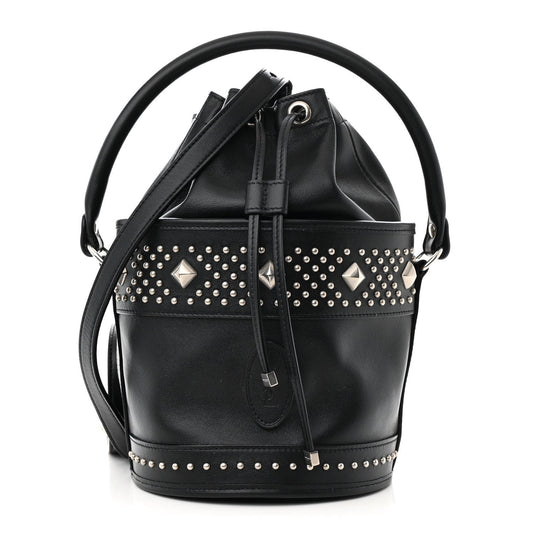 Saint Laurent Smooth Calfskin Studded Small Bahia Drawstring Bucket Bag Black