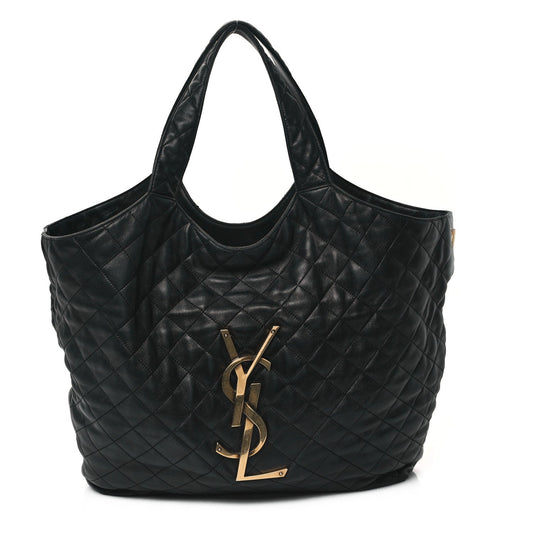 Saint Laurent Lambskin Quilted Maxi Icare Shopping Tote Black