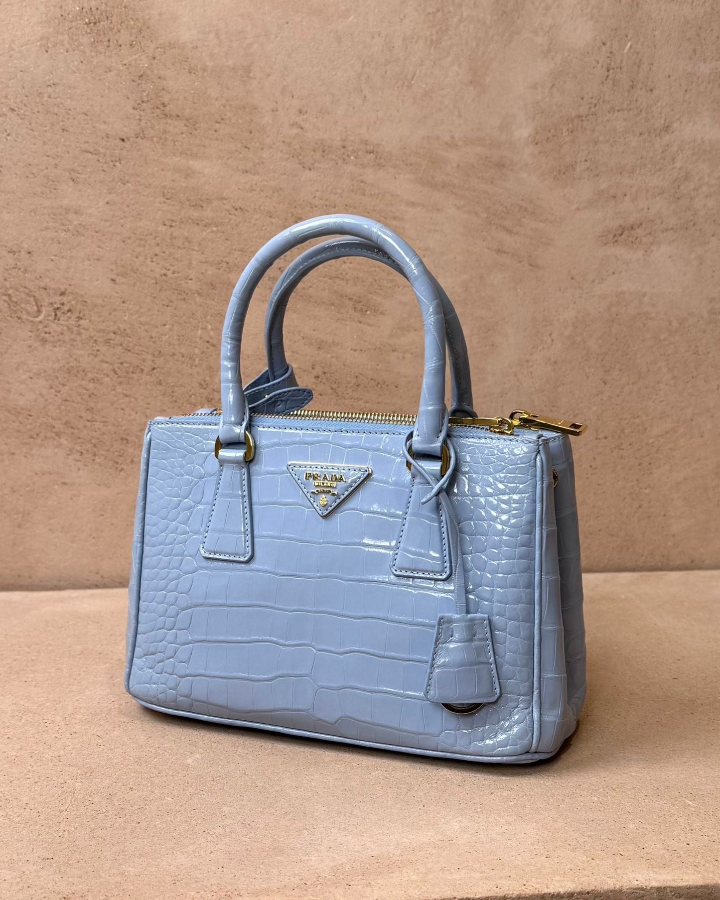 Prada Small Galleria - Light Blue Crocodile | Gold Hardware