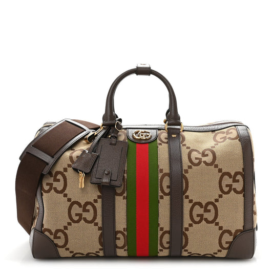 Gucci Monogram Jumbo GG Textured Dollar Calfskin Web Medium Duffle Bag Camel Ebony