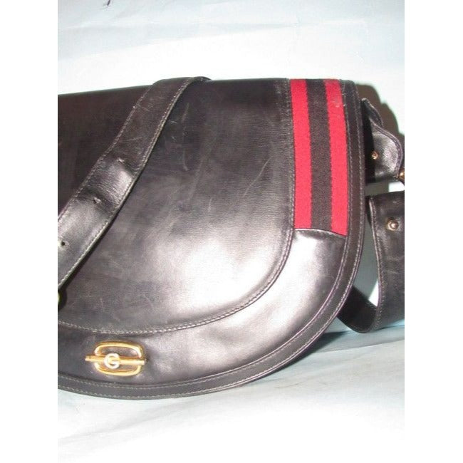 Gucci One Of A Kindearly Supple Black Leather With Navy And Red Stripe Accents Canvas Shoulder Bag