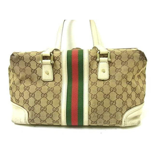 Gucci Vintage Pursesdesigner Purses Brown Large G Print Canvas And White Leather With Red And Green