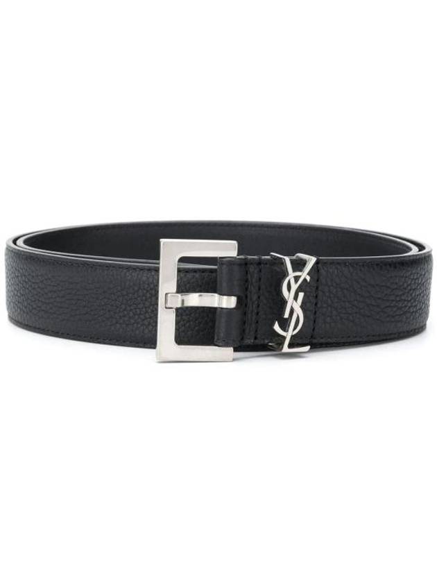 Luxury Saint Laurent Trending 2025 Grained Leather Silver Monogram Belt Black