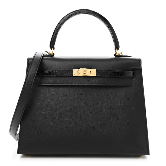 Hermes Madame Calfskin Shiny Niloticus Crocodile Kelly Sellier Touch 25 Black