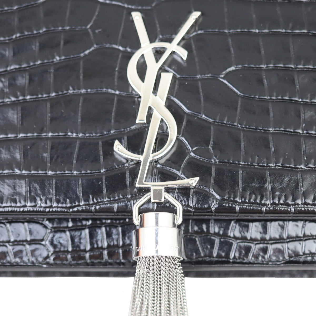 Saint Laurent Kate Tassel Chain Wallet Croc-Embossed