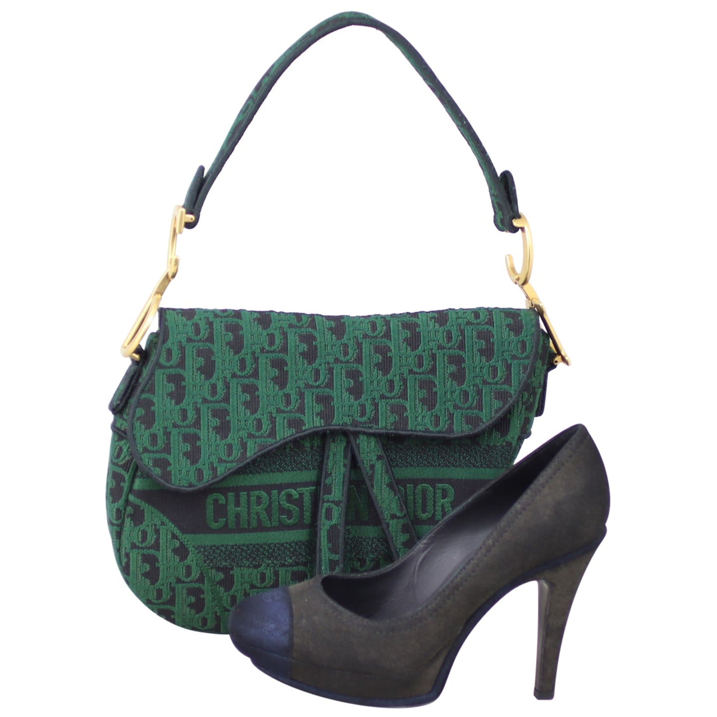 Dior Oblique Embroidery Saddle Bag with Tartan Studded Shoulder Strap