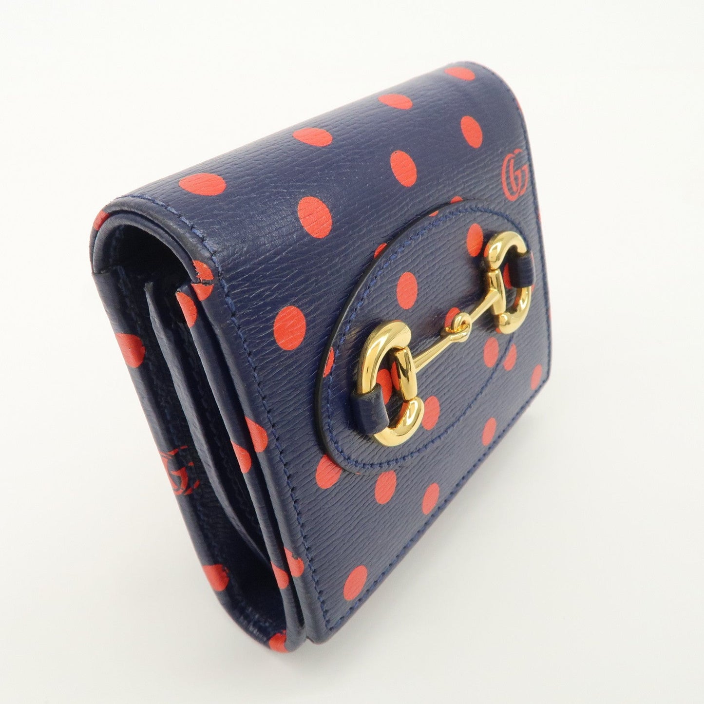 GUCCI Horsebit Dots Pattern Leather Bi-fold Wallet Navy Red 621891