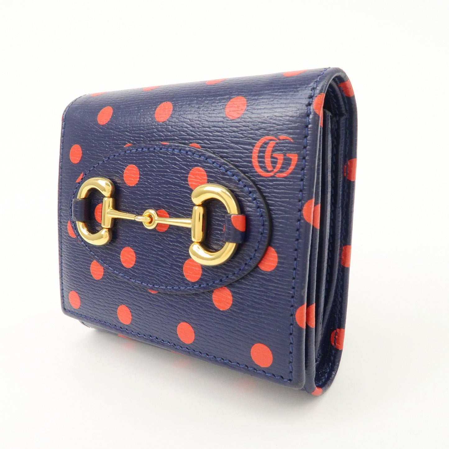 GUCCI Horsebit Dots Pattern Leather Bi-fold Wallet Navy Red 621891